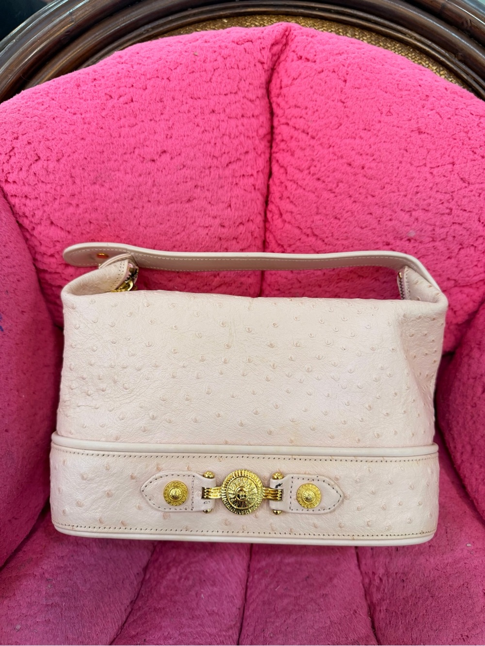 Versace Cream Ostrich-Embossed Shoulder Bag with Gold Medallion